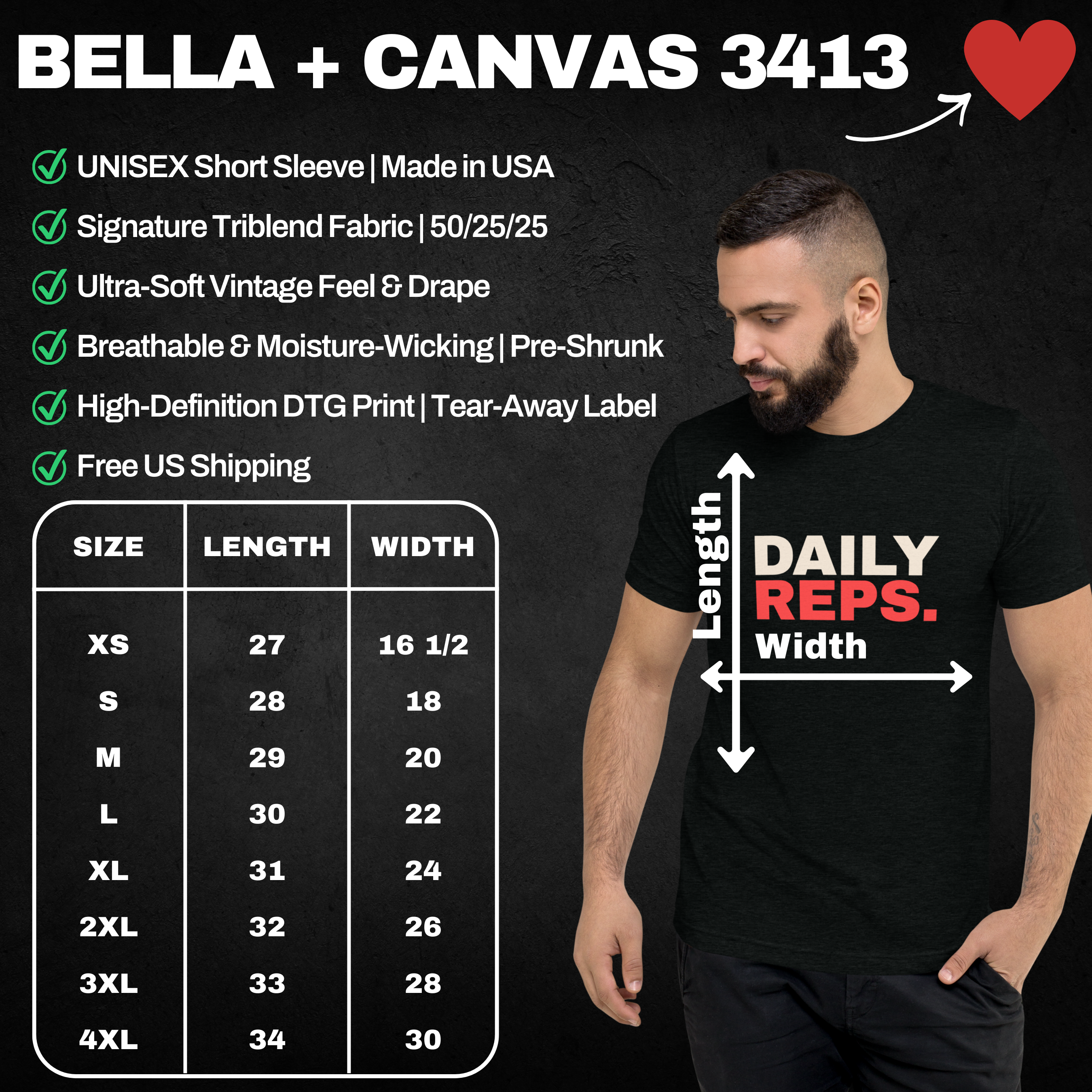 Man wearing a black t-shirt with 'DAILY REPS.' text, size chart, and Bella + Canvas information on a dark background.