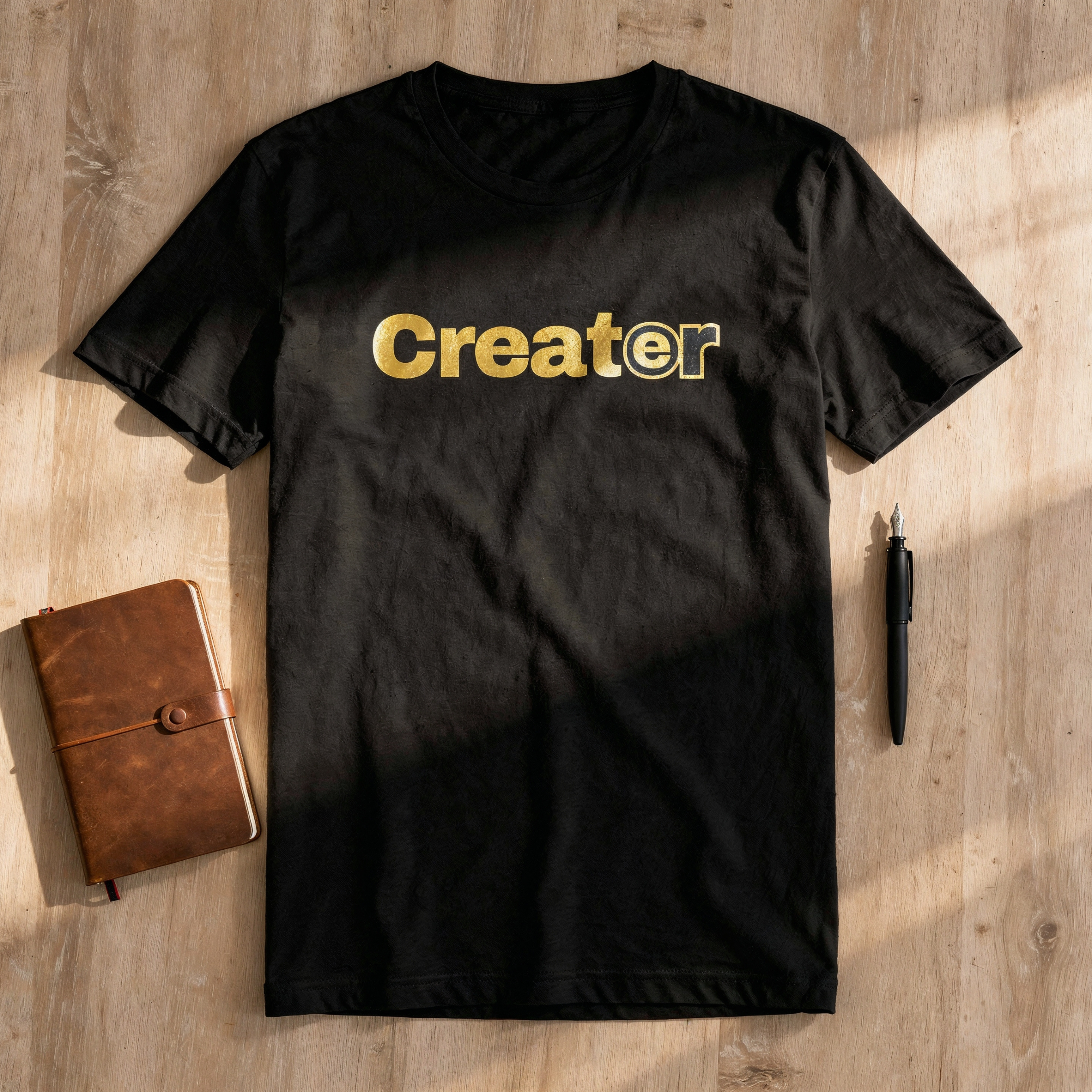 Black t-shirt with 'Creator' printed in gold on a wooden surface with a notebook and pen.