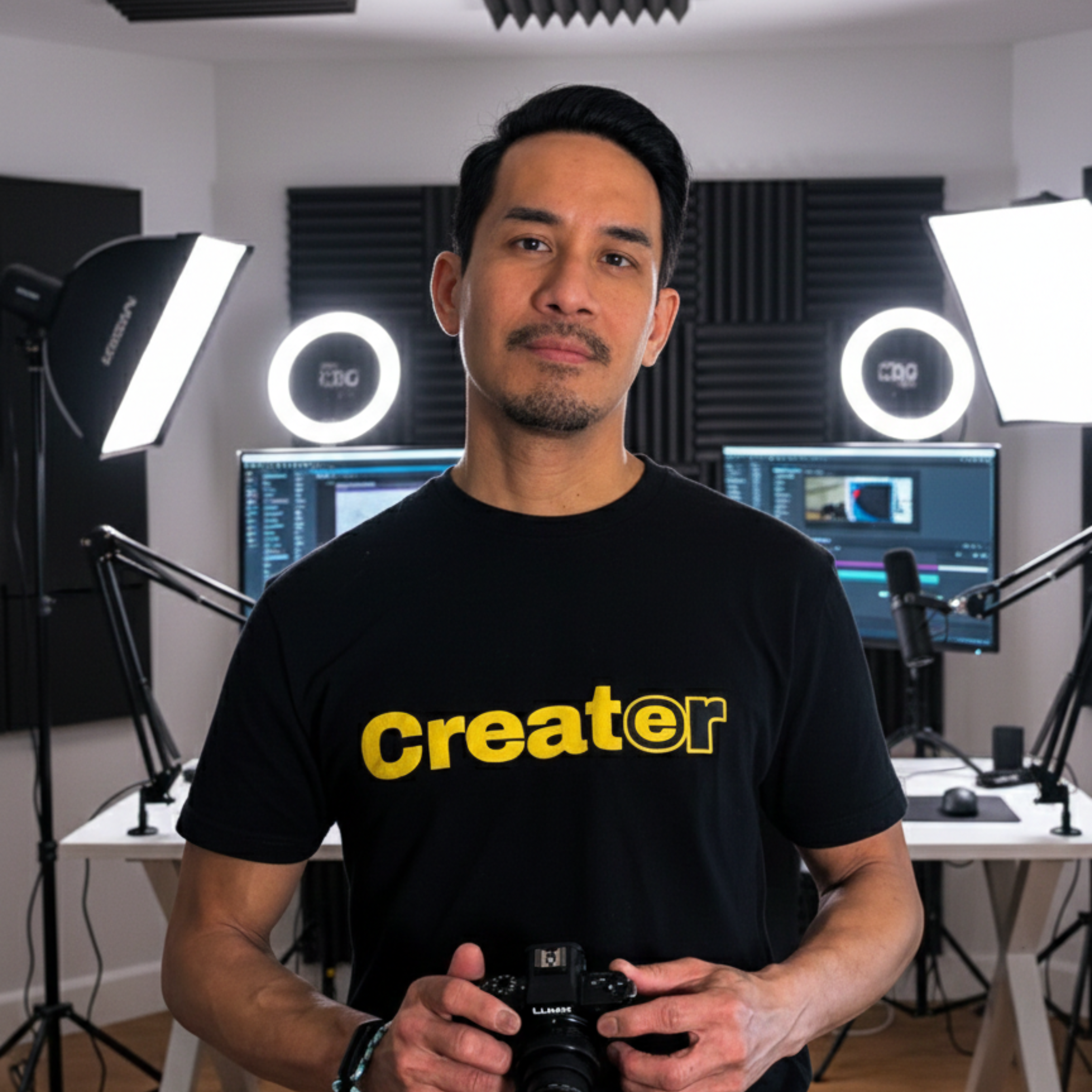 Person wearing a black t-shirt with 'Creator' on it, holding a camera in a studio setting.