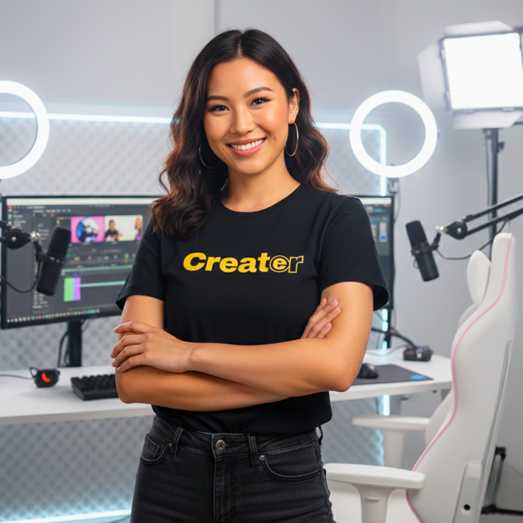 Person wearing a black t-shirt with 'Creater' text in a professional setup with monitors and lighting equipment.