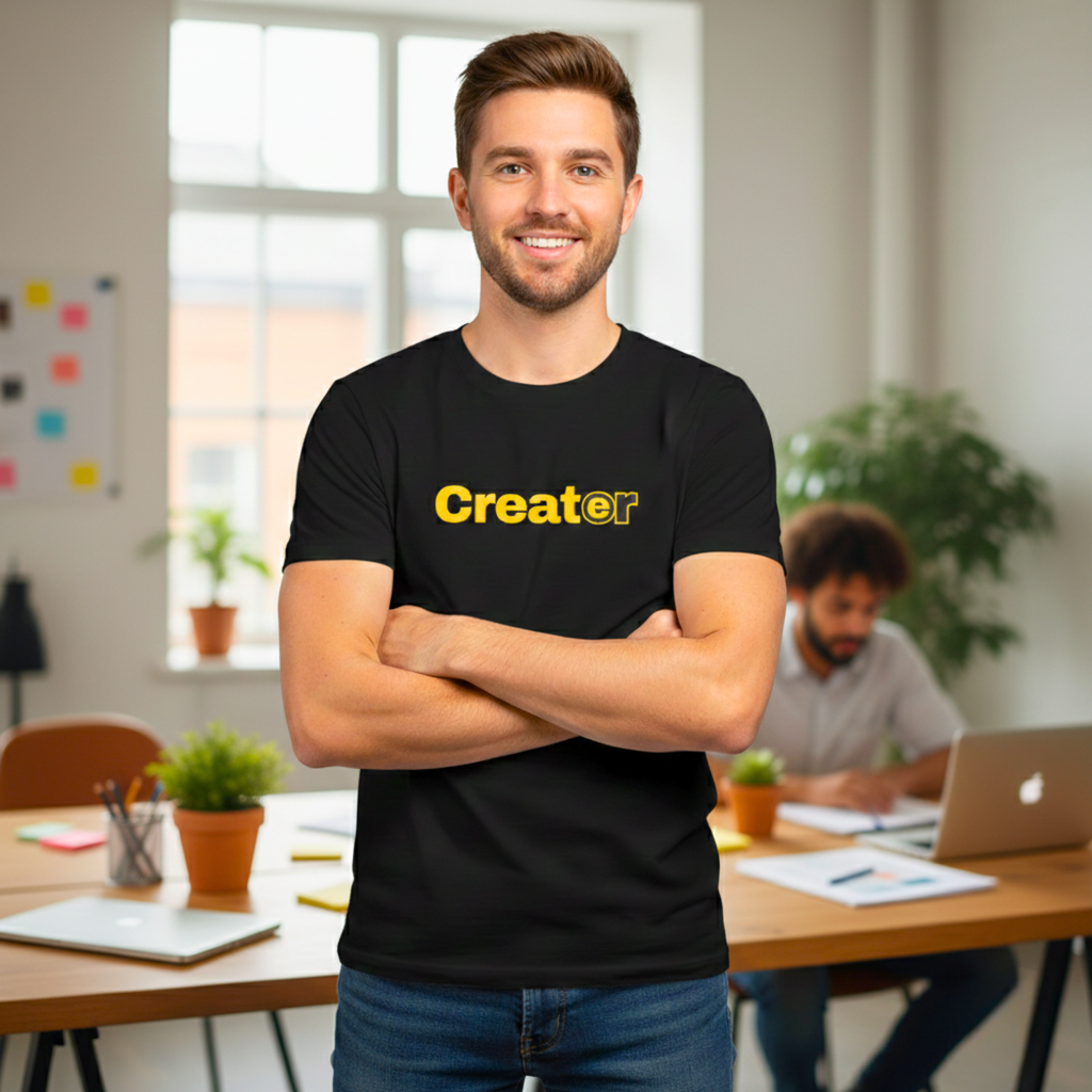 Man wearing a black t-shirt with 'Creator' printed on it in an office setting.