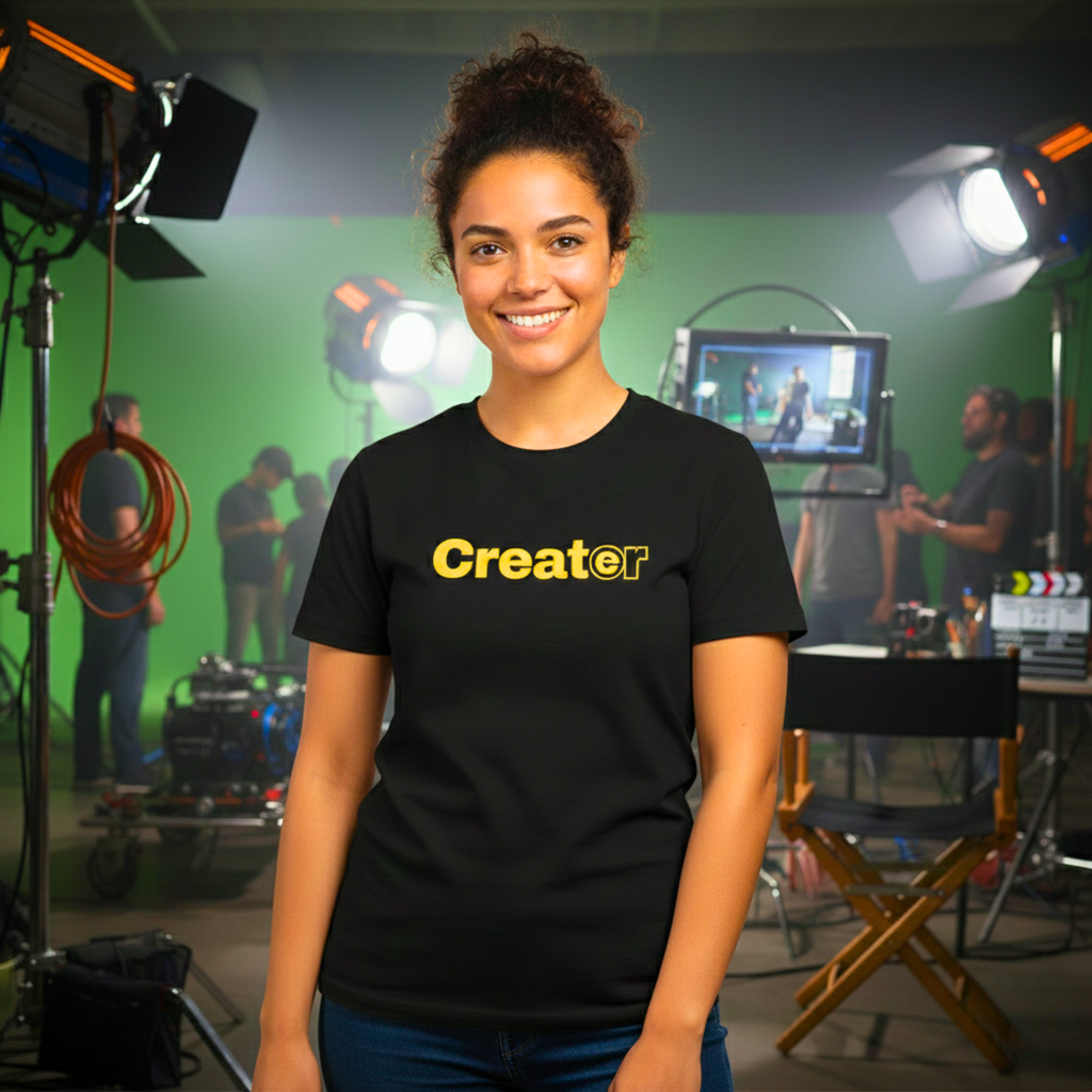 Person wearing a black t-shirt with 'Creator' printed on it in a studio setting.
