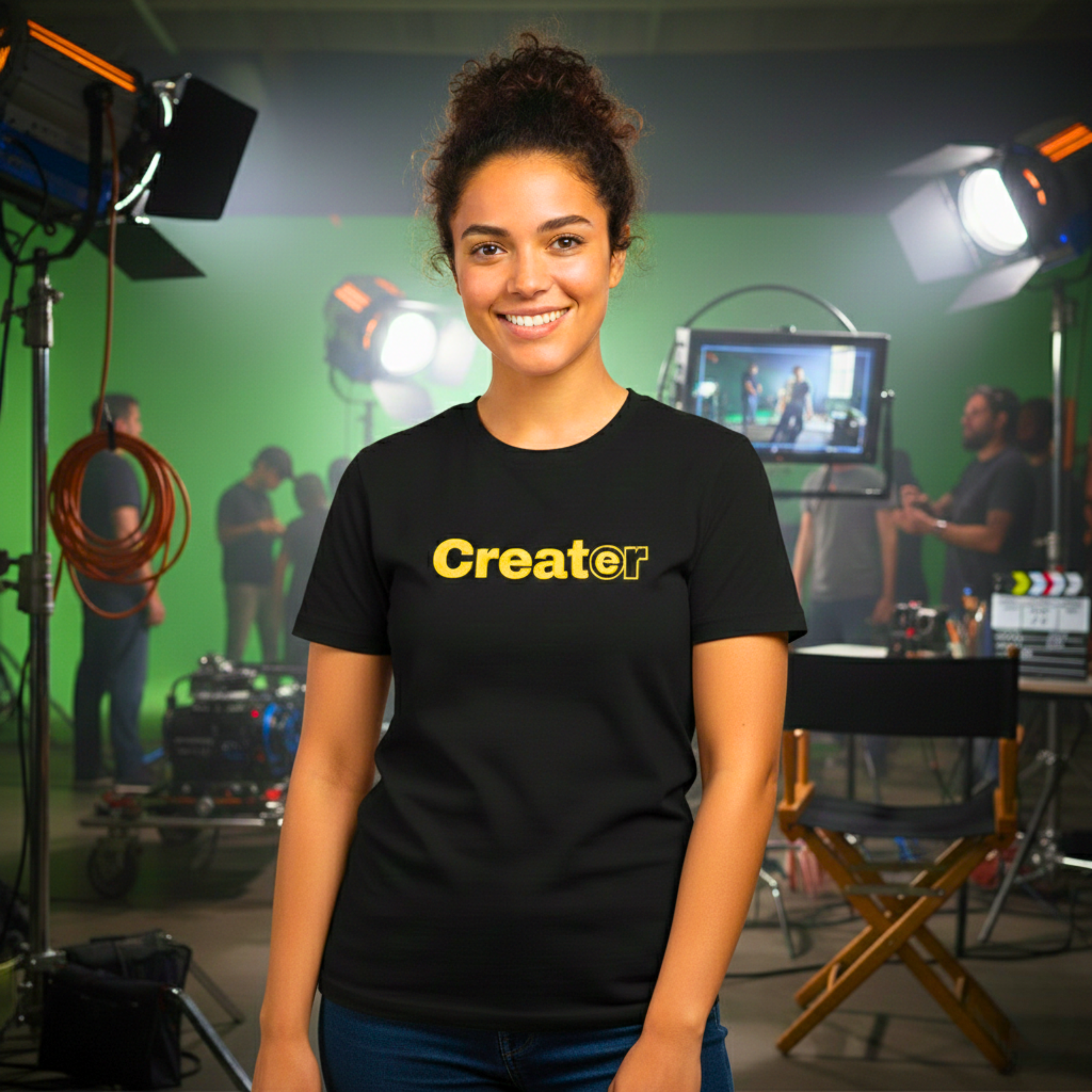 Person wearing a black t-shirt with 'Creator' printed on it in a studio setting.