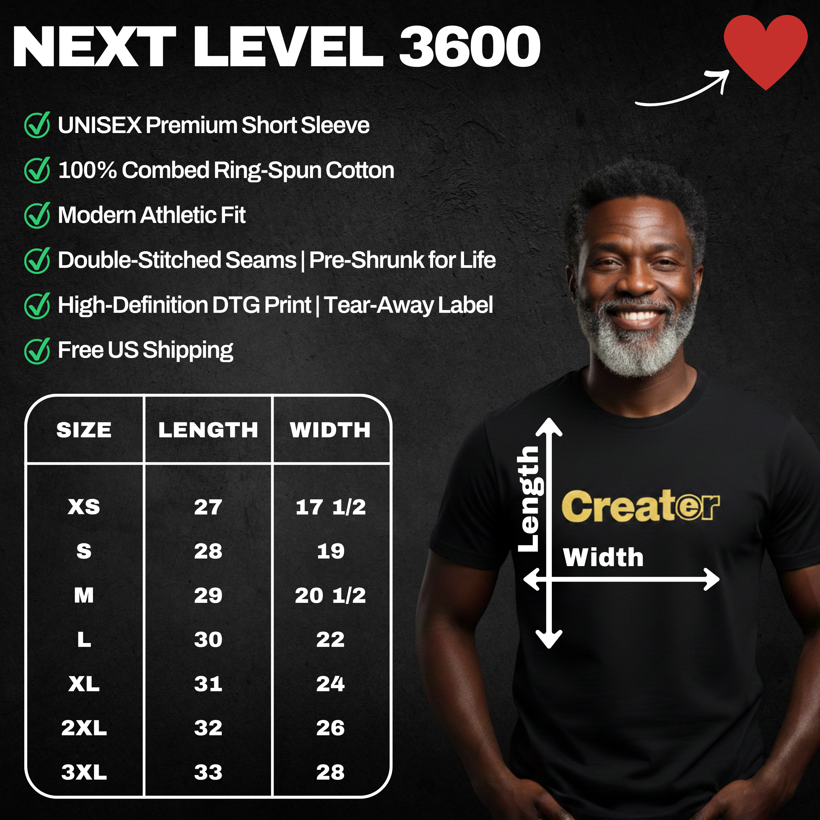 Black t-shirt with 'Creator' text and size chart on a dark background, featuring a man wearing the shirt.