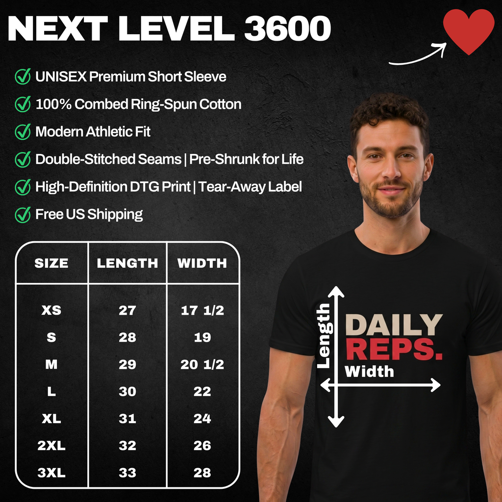 Black t-shirt with 'DAILY REPS' text and size chart on a dark background, featuring 'Next Level 3600' branding.