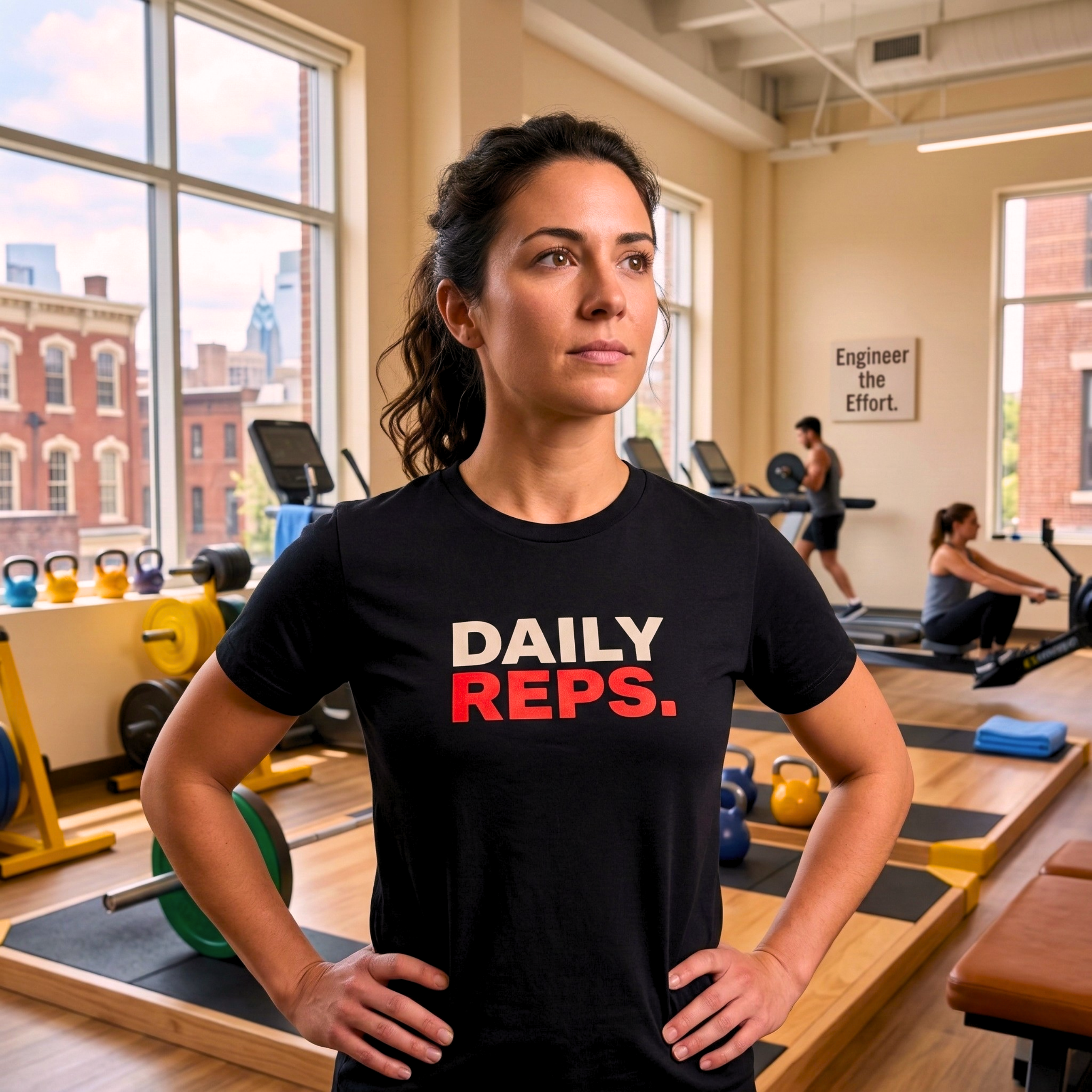 Woman wearing a black t-shirt with 'DAILY REPS' in a gym setting