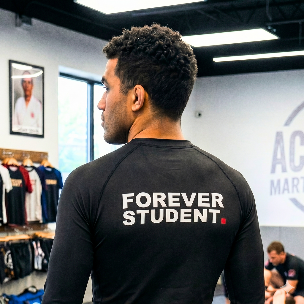 A male athlete standing in a martial arts gym wearing the black Forever Student Long Sleeve BJJ Rash Guard by DYBED. Viewed from the back, the compression shirt features cream-colored 'FOREVER STUDENT' text, with apparel racks and other practitioners grappling in the background.