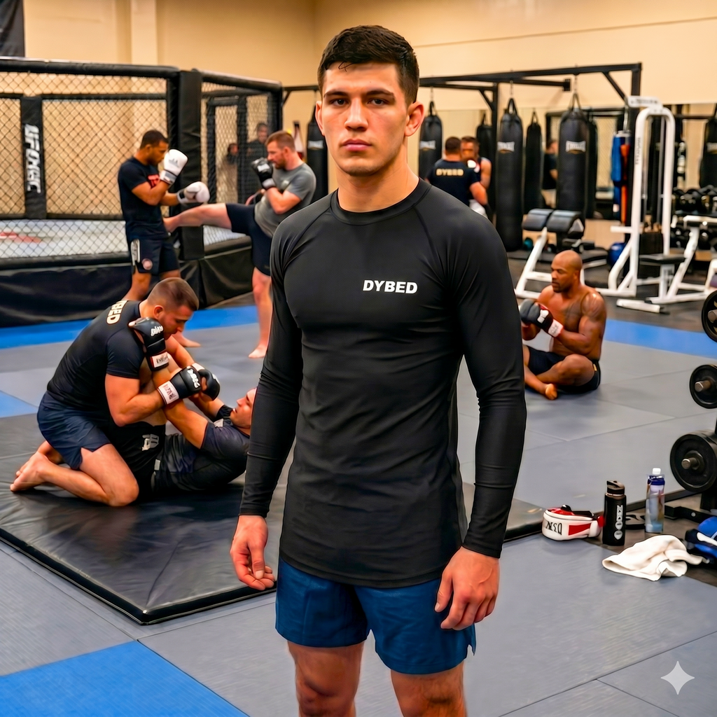 A male athlete standing in an MMA gym wearing the black Forever Student Long Sleeve BJJ Rash Guard by DYBED. The front of the compression shirt features a cream-colored 'DYBED' (Do Your Best Every Day) logo on the left chest, with other practitioners training on the mats in the background.