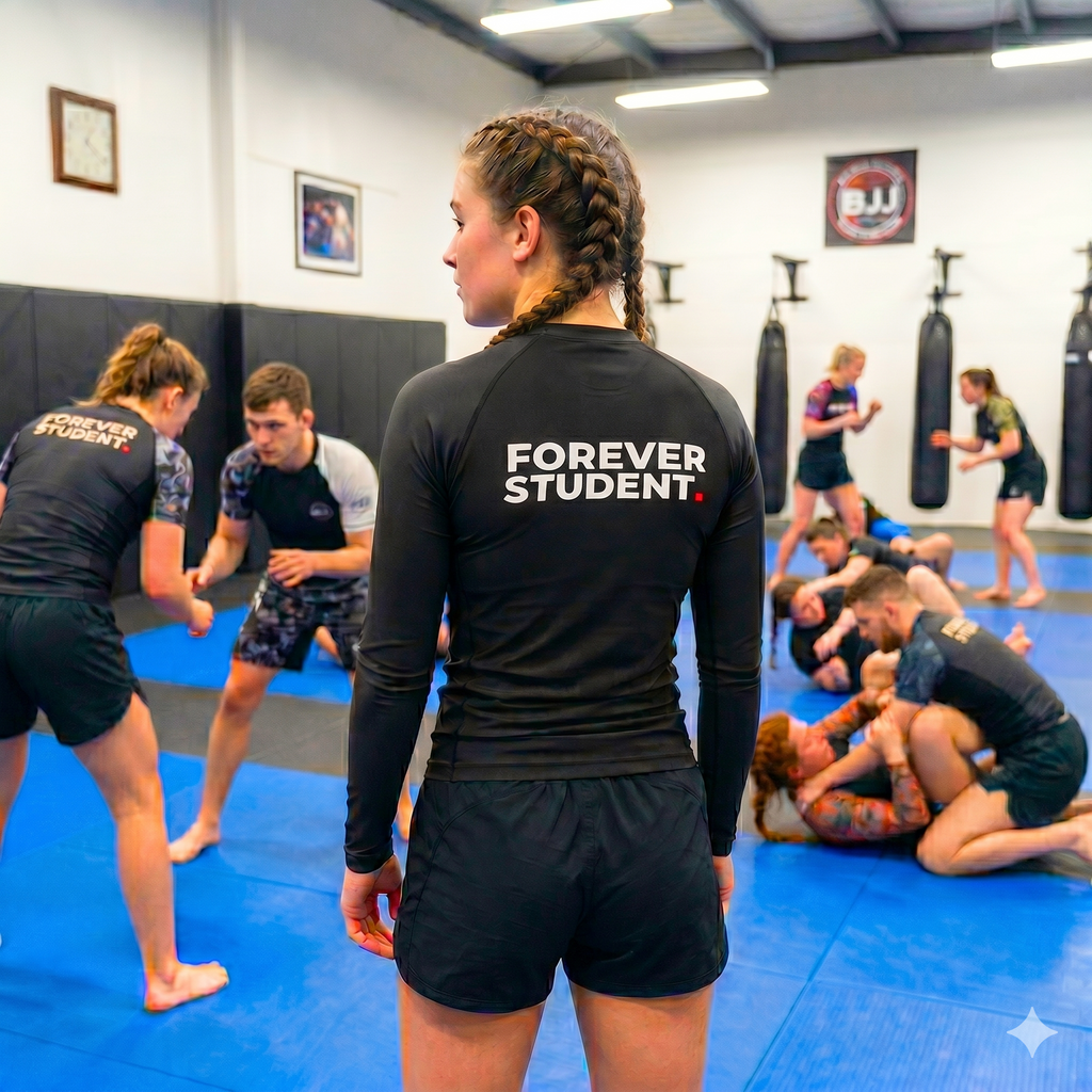 A female athlete standing on blue mats in a BJJ gym wearing the black Forever Student Long Sleeve Rash Guard by DYBED. Viewed from the back, the compression shirt features cream-colored 'FOREVER STUDENT' text down the spine, while other practitioners grapple in the background.