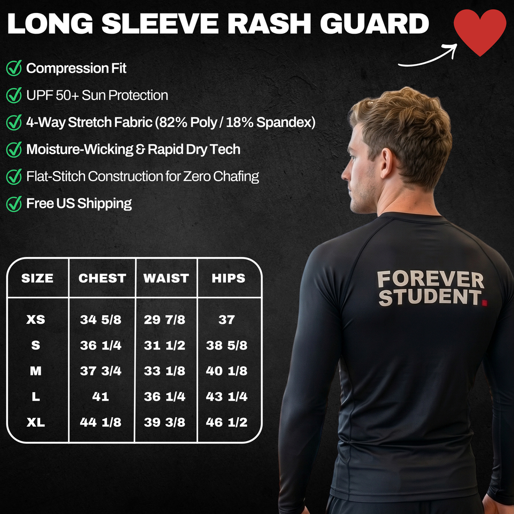 Size guide and fit chart for the men's Forever Student Long Sleeve BJJ Rash Guard by DYBED. Features a male athlete wearing the black compression shirt with cream text on the back, alongside detailed measurements for chest, waist, hips, and length to ensure the perfect athletic fit.