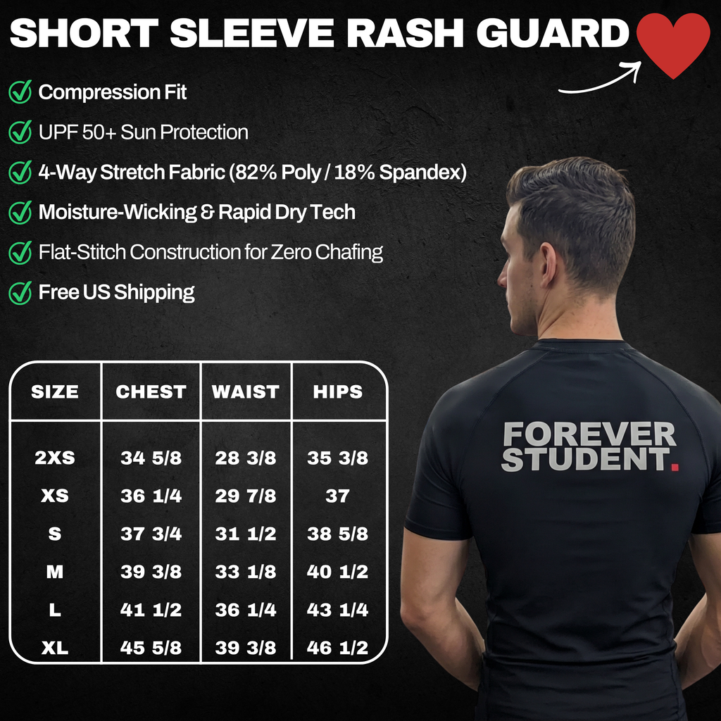 A man from the back wearing a black short sleeve compression rash guard with Forever Student printed in white. The image includes a size chart and key features like UPF 50+ sun protection, 4-way stretch fabric, and moisture-wicking technology.