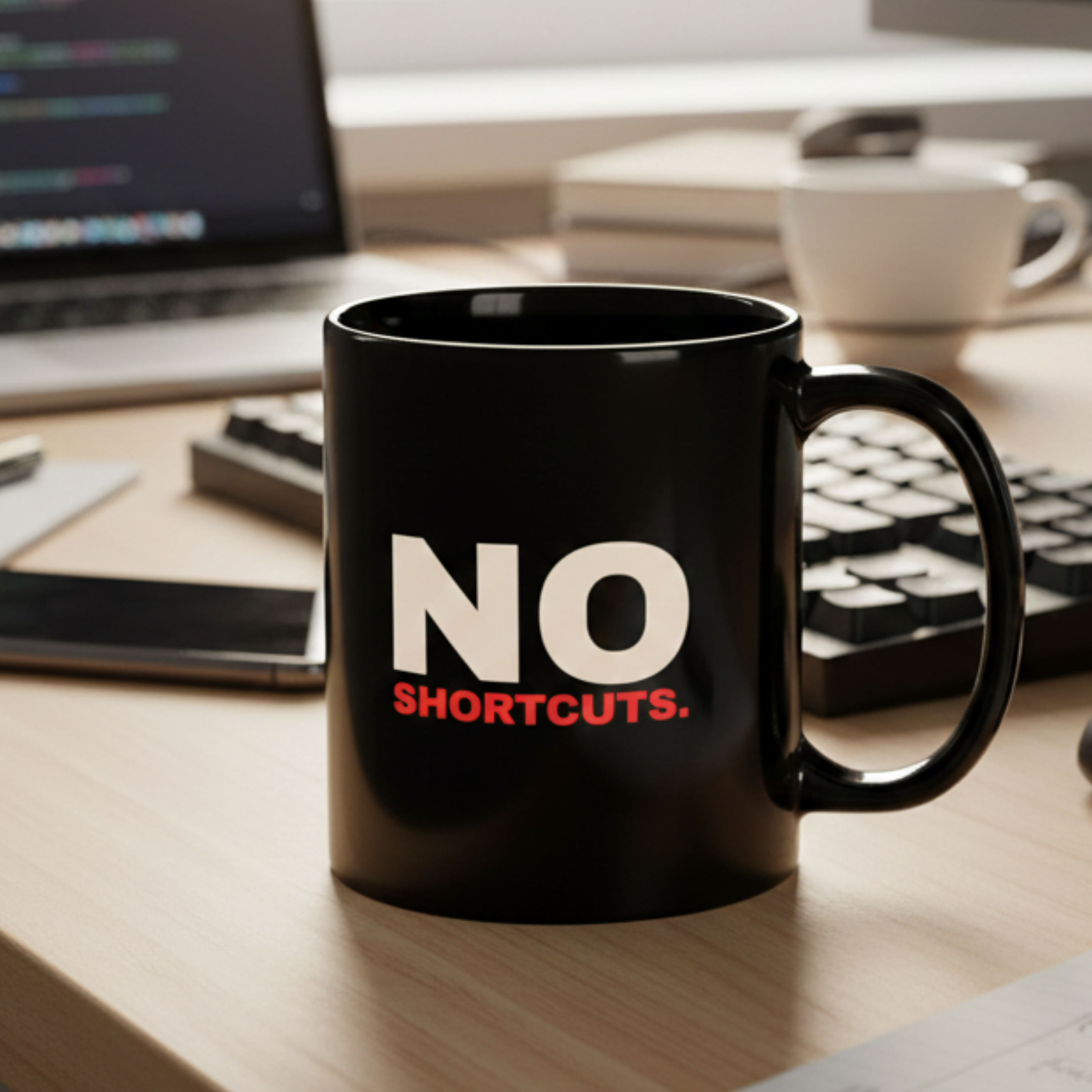 A black 11oz ceramic coffee mug featuring the "NO SHORTCUTS." mindset design in cream and red typography. The mug is placed on a light wood desk next to a computer keyboard, symbolizing productivity and discipline in a workspace.
