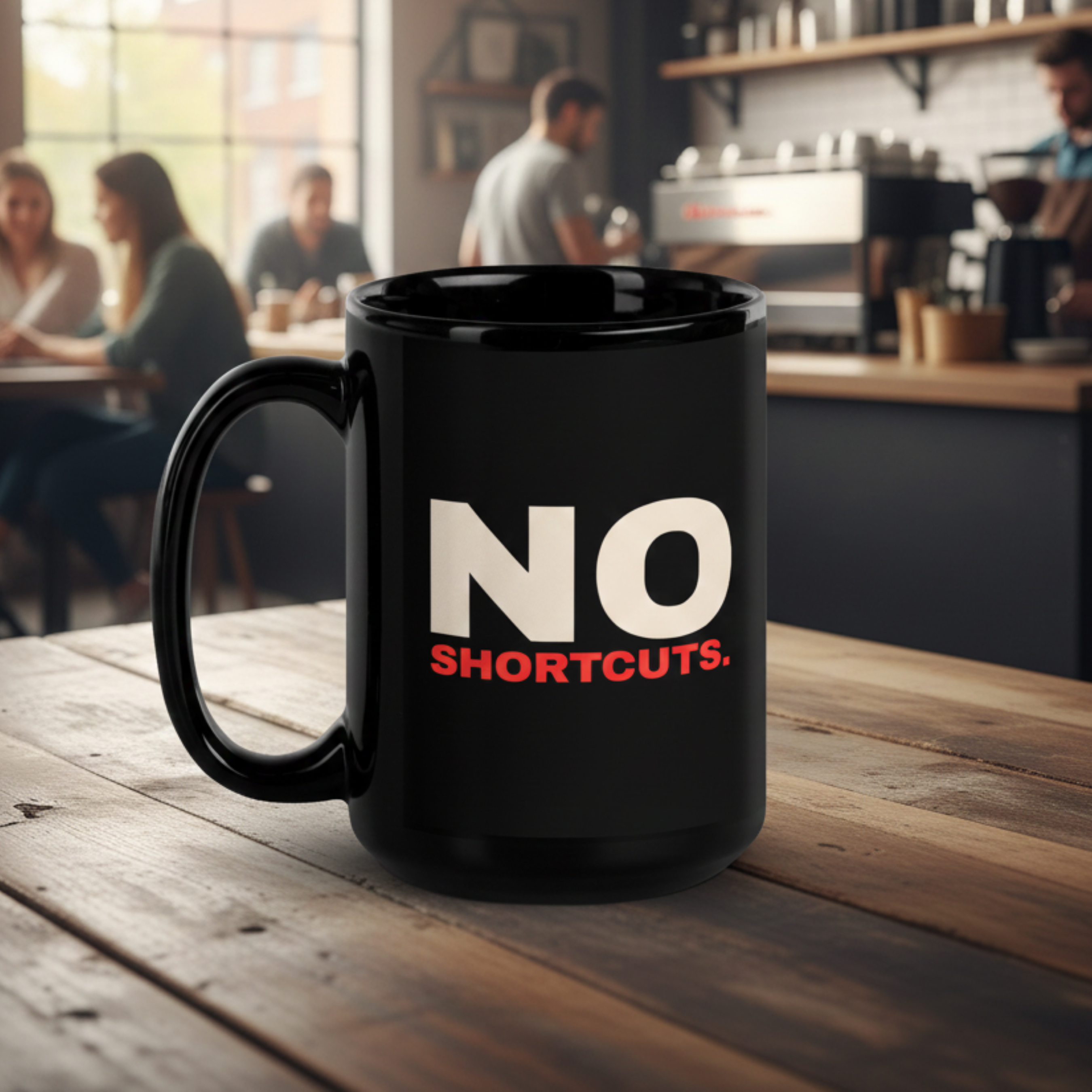 A 15oz glossy black ceramic coffee mug featuring the text "NO SHORTCUTS." in bold, cream-colored capital letters with a red accent bar. The mug sits on a rustic wooden table in a brightly lit, modern cafe setting.