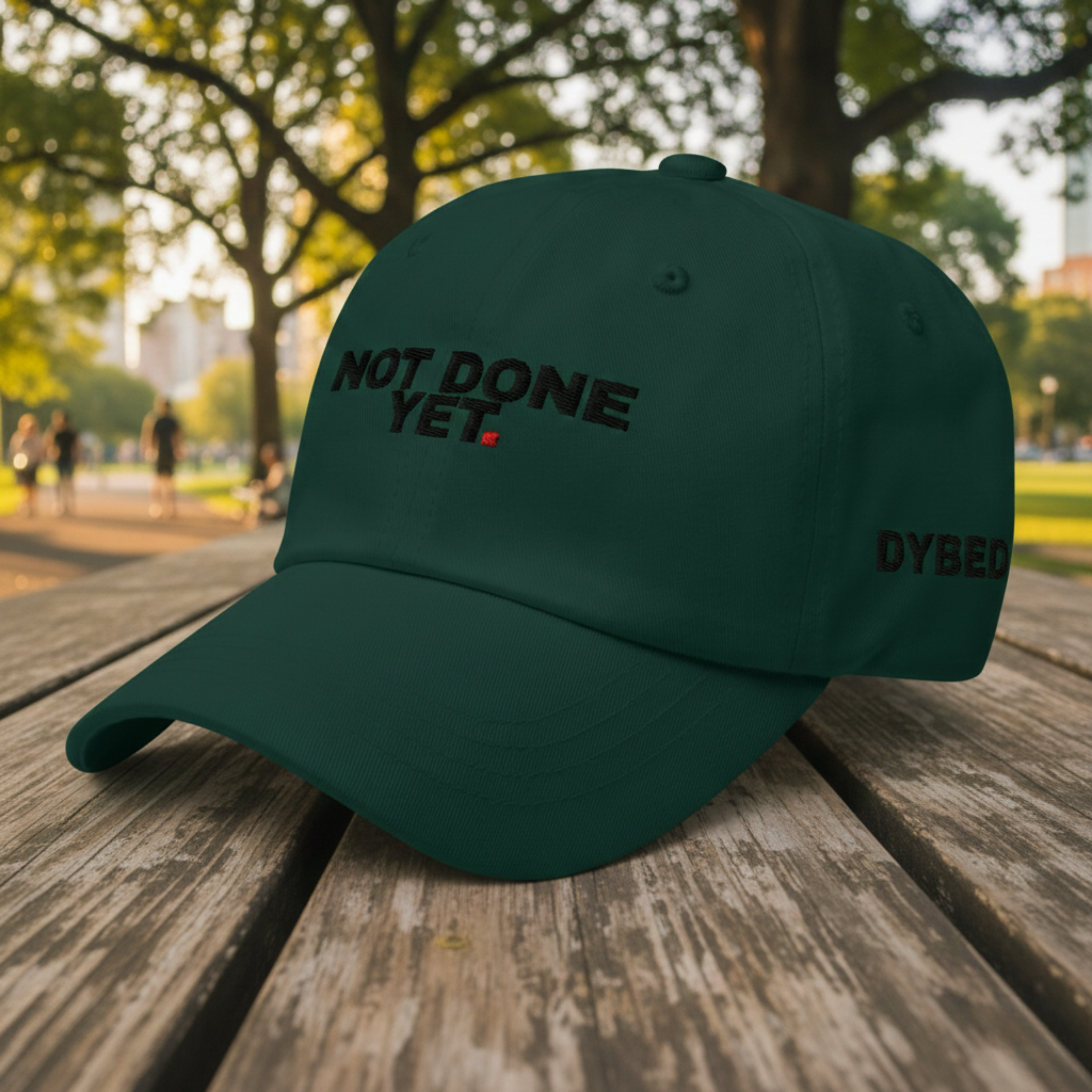 Green cap with 'Not Done Yet' text on a beige background