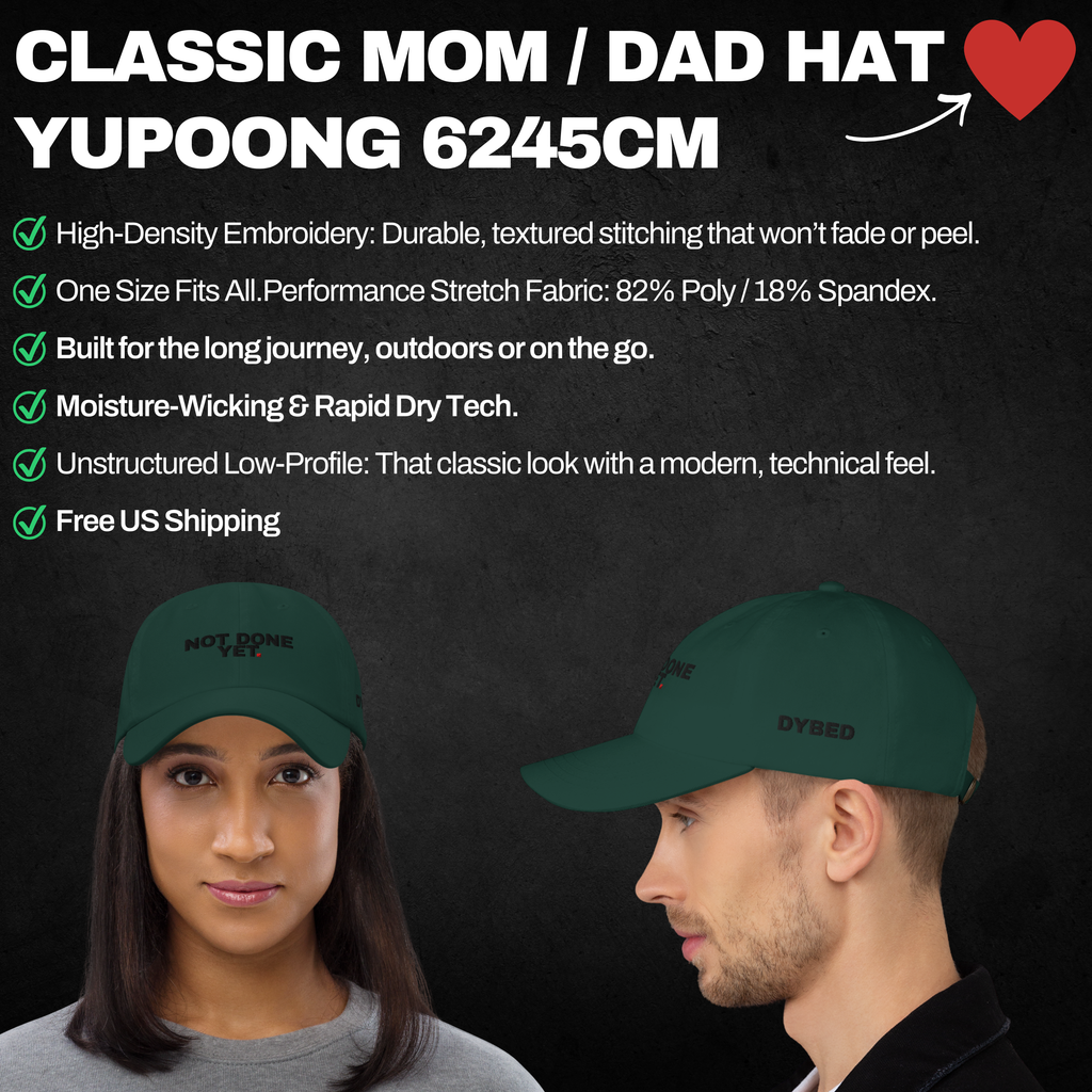 A promotional graphic for the Yupoong 6245CM Classic Mom/Dad Hat from the DYBED shop. Features include high-density embroidery, UPF 50+ sun protection, and moisture-wicking fabric. The image shows a woman and a man wearing dark green hats with 'NOT DONE YET' and 'DYBED' branding against a textured black background with a small red heart icon.