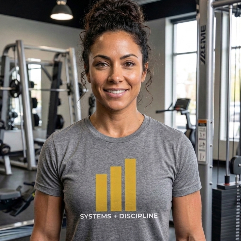 Woman wearing a gray t-shirt with a logo and text in a gym setting