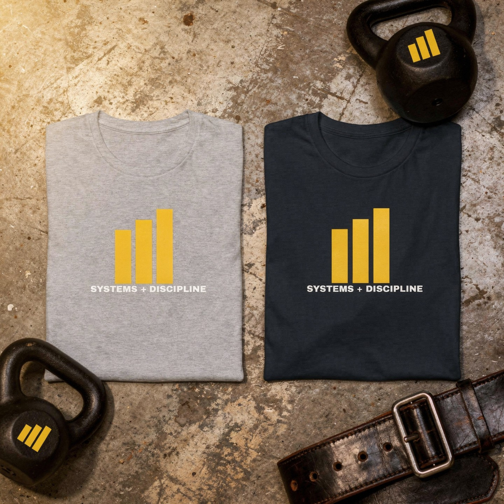 Two folded t-shirts with 'Systems + Discipline' design on a textured surface with kettlebells and a belt.