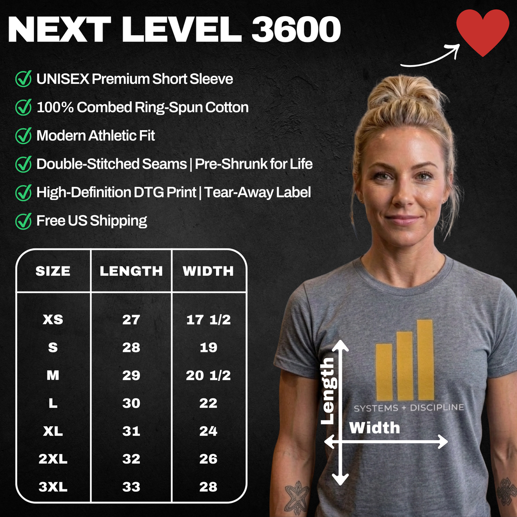 Person wearing a gray t-shirt with a graphic design, standing next to a chart detailing shirt measurements.