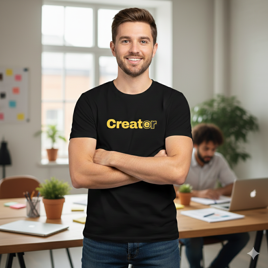 Man wearing a black t-shirt with 'Creator' on it in an office setting