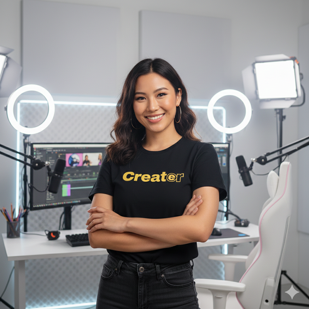 Person wearing a black t-shirt with 'Creator' on it in a professional setup.